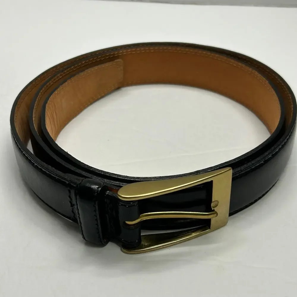 Men's Black Leather Dress Belt‎ Brass Buckle Italy 43.75